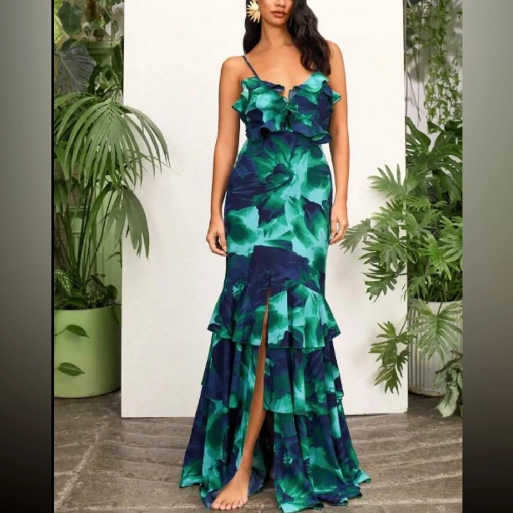 Green Floral Ruffle Mermaid Maxi Dress - Women's